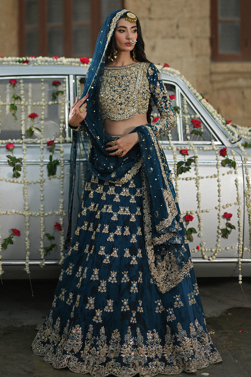 Pakistani Teal Embellished Pure Raw Silk Choli Lehenga (3-Piece) - Image 7