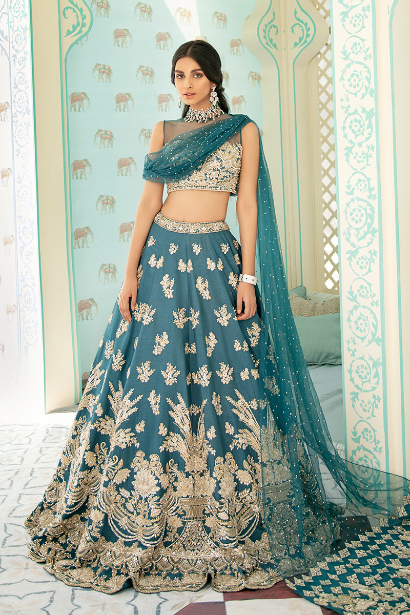 Teal Embroidered Raw Silk Lehenga (3-Piece) - Image 1