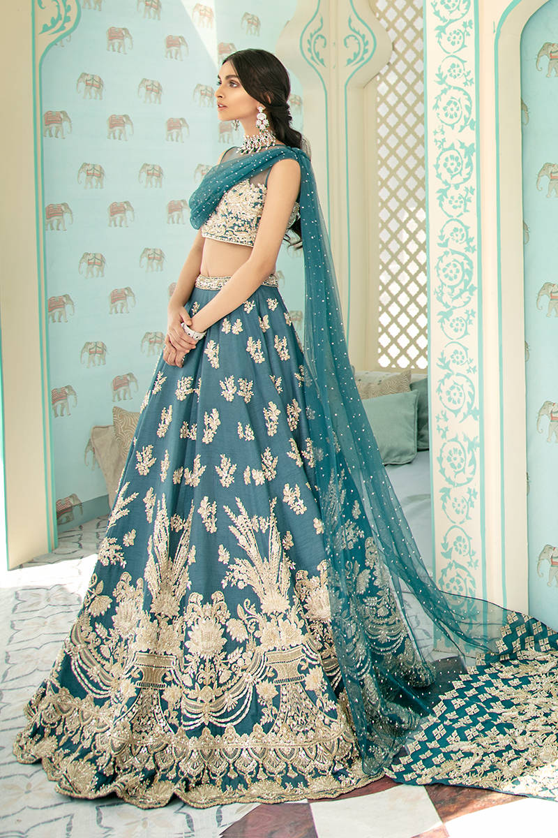 Teal Embroidered Raw Silk Lehenga (3-Piece) - Image 2