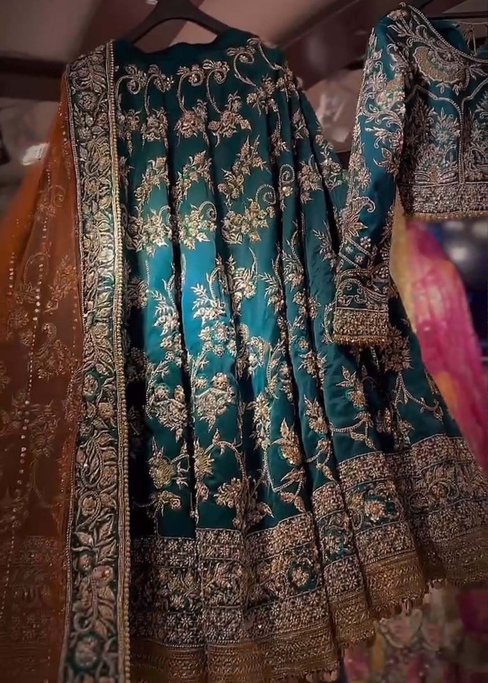 Pakistani Teal Embellished Raw Silk Bridal Lehenga (3-Piece) - Image 1