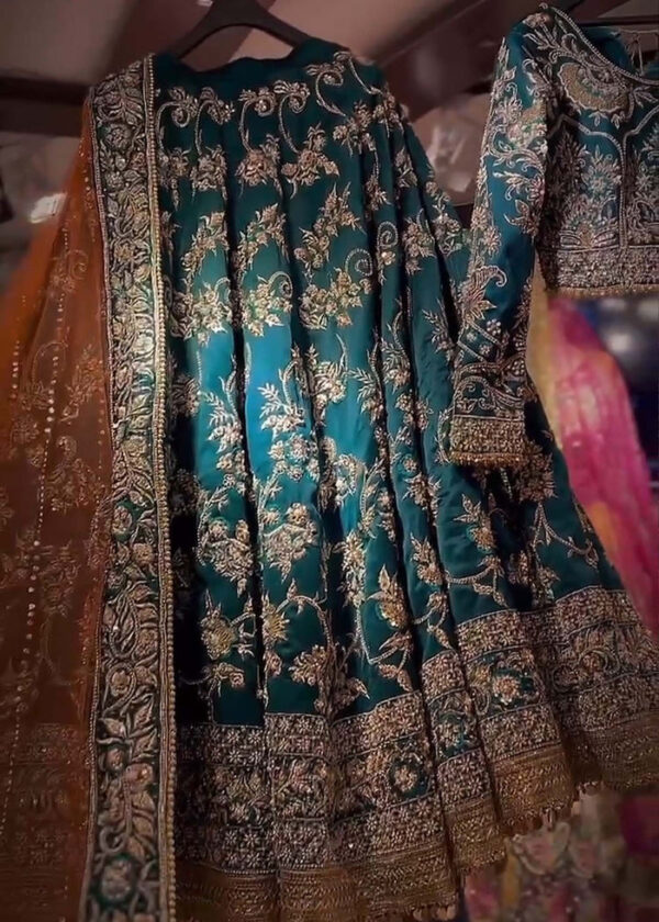 Pakistani Teal Embellished Raw Silk Bridal Lehenga (3-Piece) - Image 2