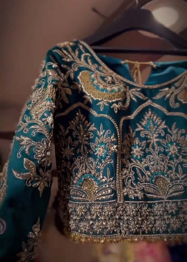 Pakistani Teal Embellished Raw Silk Bridal Lehenga (3-Piece) - Image 3