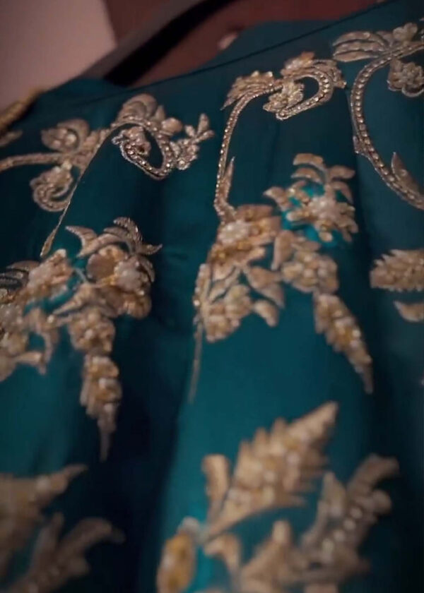 Pakistani Teal Embellished Raw Silk Bridal Lehenga (3-Piece) - Image 6
