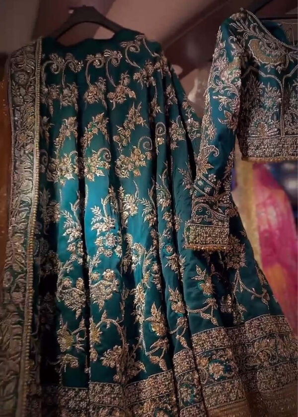 Pakistani Teal Embellished Raw Silk Bridal Lehenga (3-Piece) - Image 7