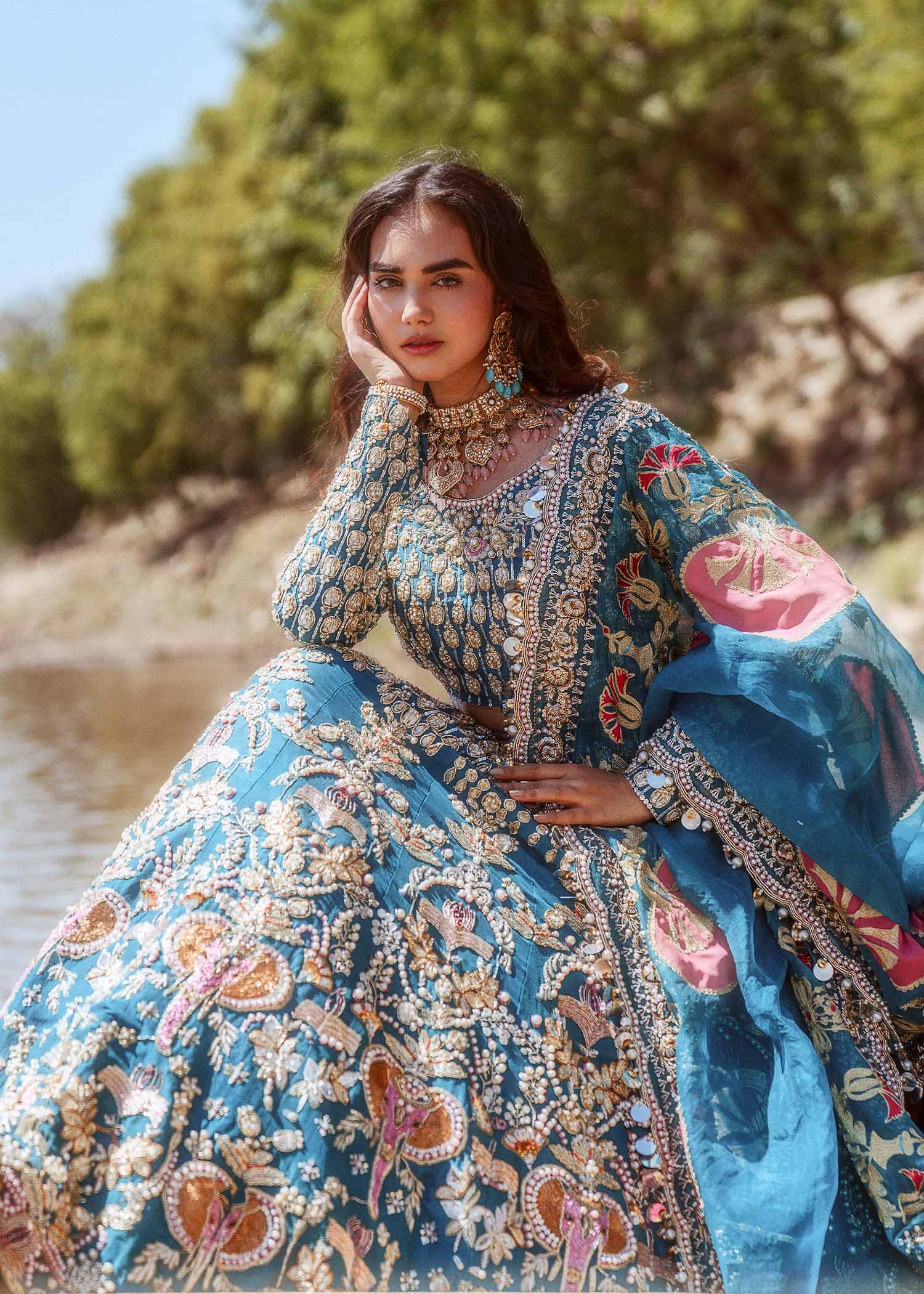 Teal Embroidered Raw Silk Lehenga Choli (3-Piece) - Image 3