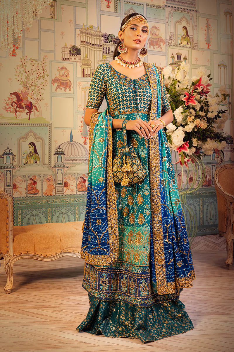 Pakistani Teal Embroidered Raw Silk Kalidaar Lehenga (3-Piece) - Image 1