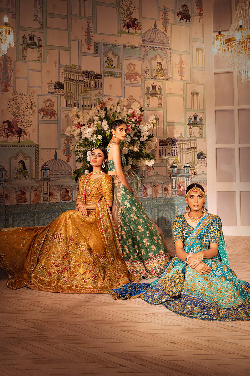 Pakistani Teal Embroidered Raw Silk Kalidaar Lehenga (3-Piece) - Image 10