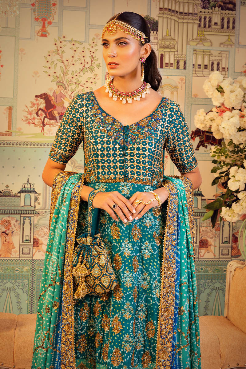 Pakistani Teal Embroidered Raw Silk Kalidaar Lehenga (3-Piece) - Image 2