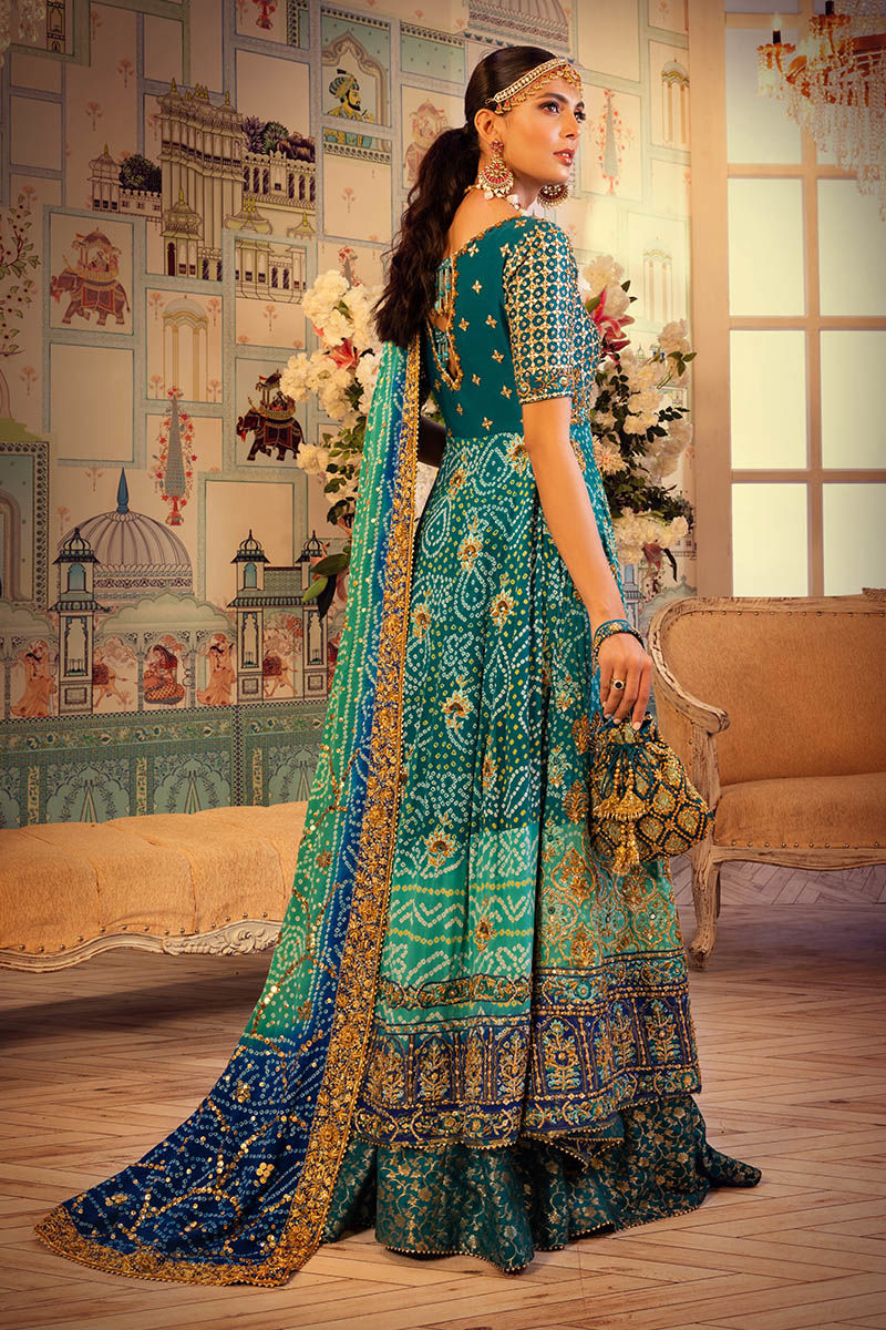 Pakistani Teal Embroidered Raw Silk Kalidaar Lehenga (3-Piece) - Image 3