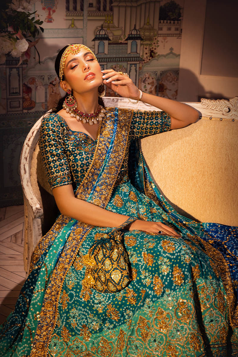 Pakistani Teal Embroidered Raw Silk Kalidaar Lehenga (3-Piece) - Image 5