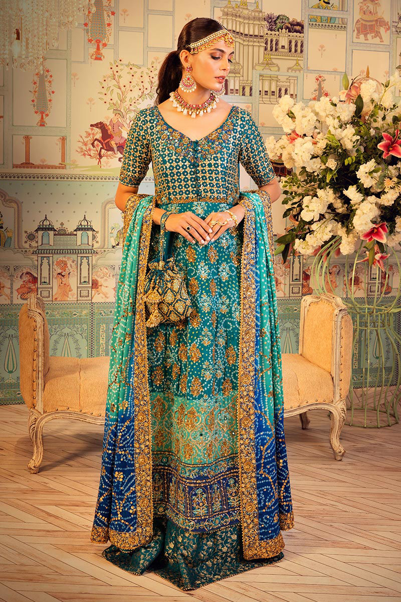 Pakistani Teal Embroidered Raw Silk Kalidaar Lehenga (3-Piece) - Image 6