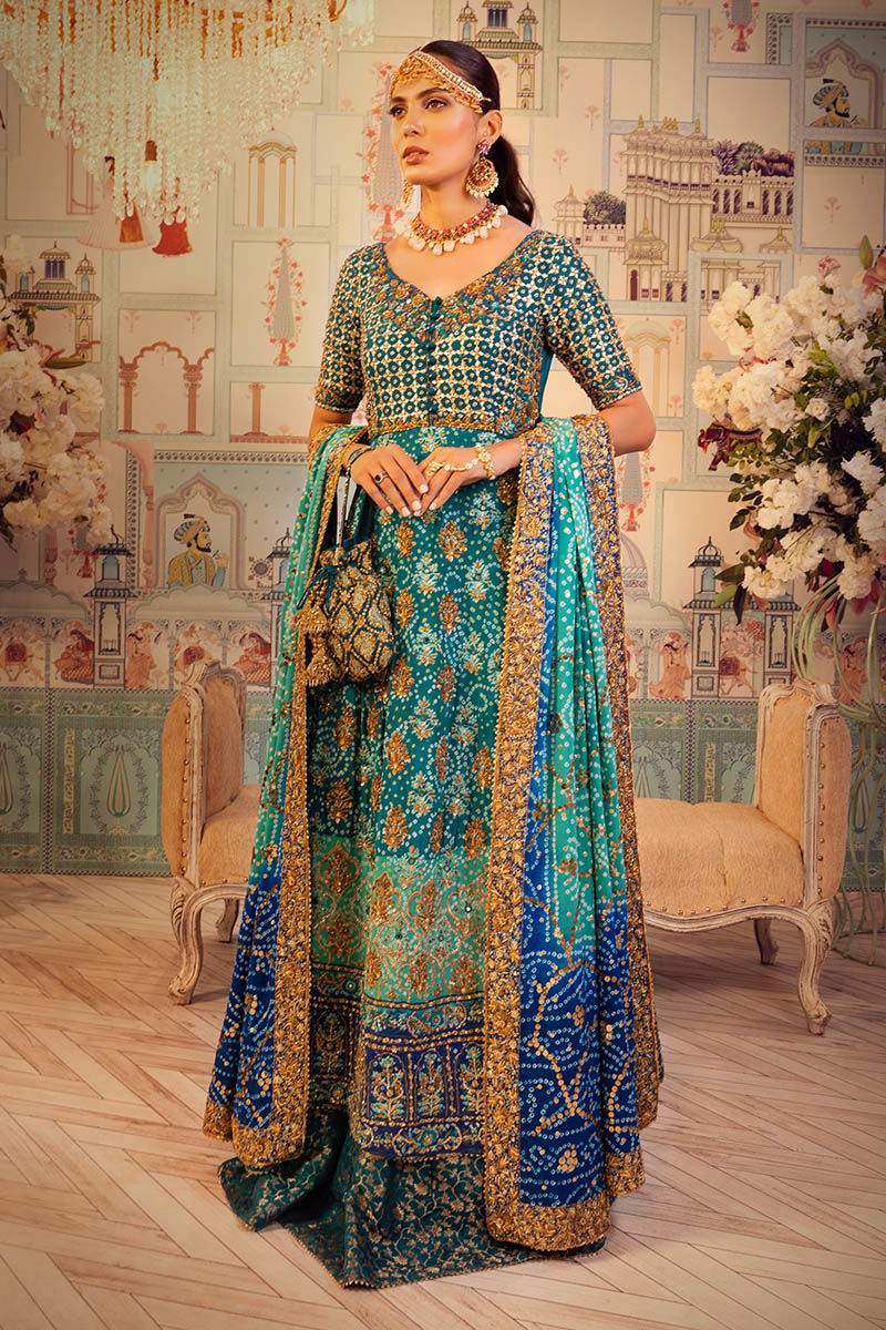 Pakistani Teal Embroidered Raw Silk Kalidaar Lehenga (3-Piece) - Image 7