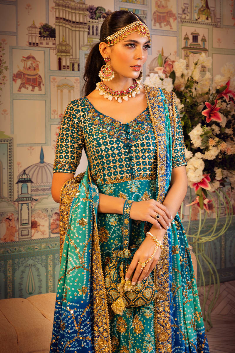 Pakistani Teal Embroidered Raw Silk Kalidaar Lehenga (3-Piece) - Image 8