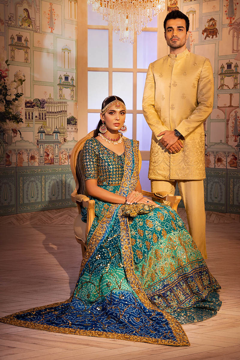 Pakistani Teal Embroidered Raw Silk Kalidaar Lehenga (3-Piece) - Image 9