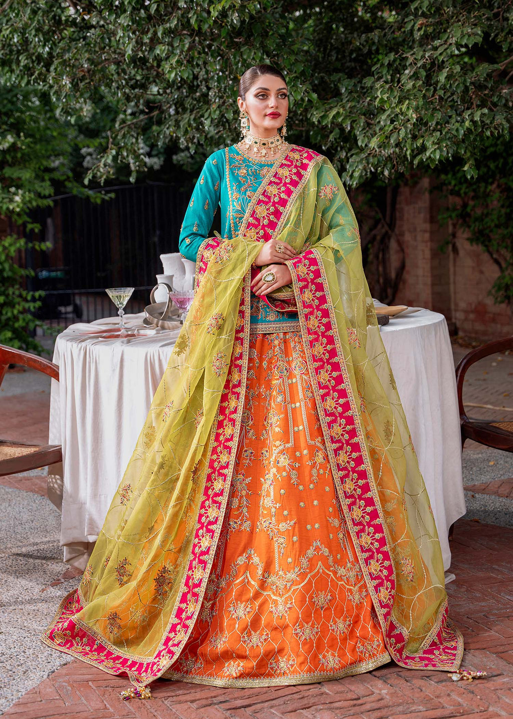 Teal & Orange Embroidered Korean Raw Silk Lehenga (3-Piece) - Image 1