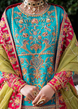 Teal & Orange Embroidered Korean Raw Silk Lehenga (3-Piece) - Image 5