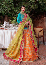 Teal & Orange Embroidered Korean Raw Silk Lehenga (3-Piece) - Image 6