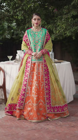 Teal & Orange Embroidered Korean Raw Silk Lehenga (3-Piece) - Image 9
