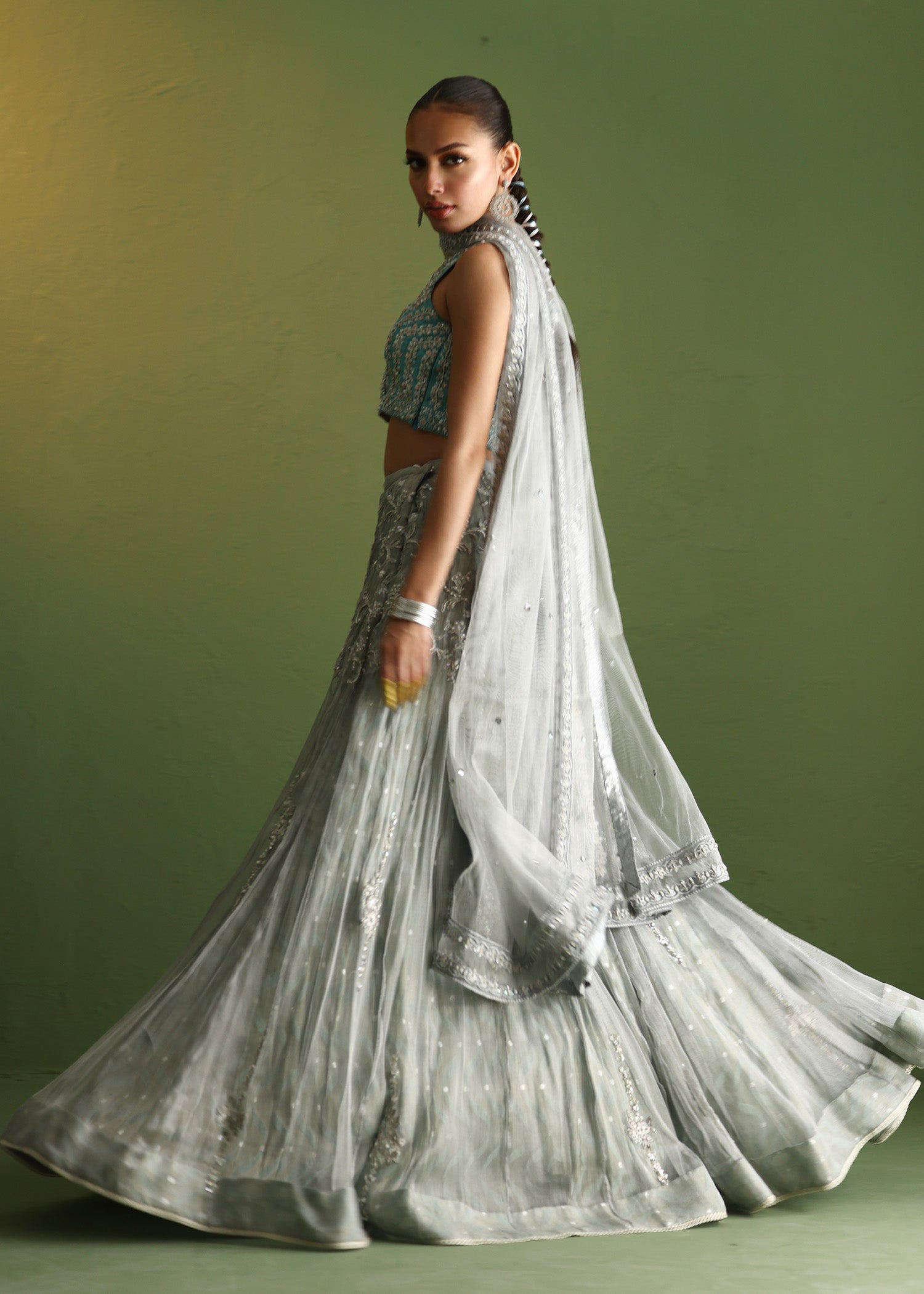 Teal Embroidered Raw Silk Lehenga Set (3-Piece) - Image 11