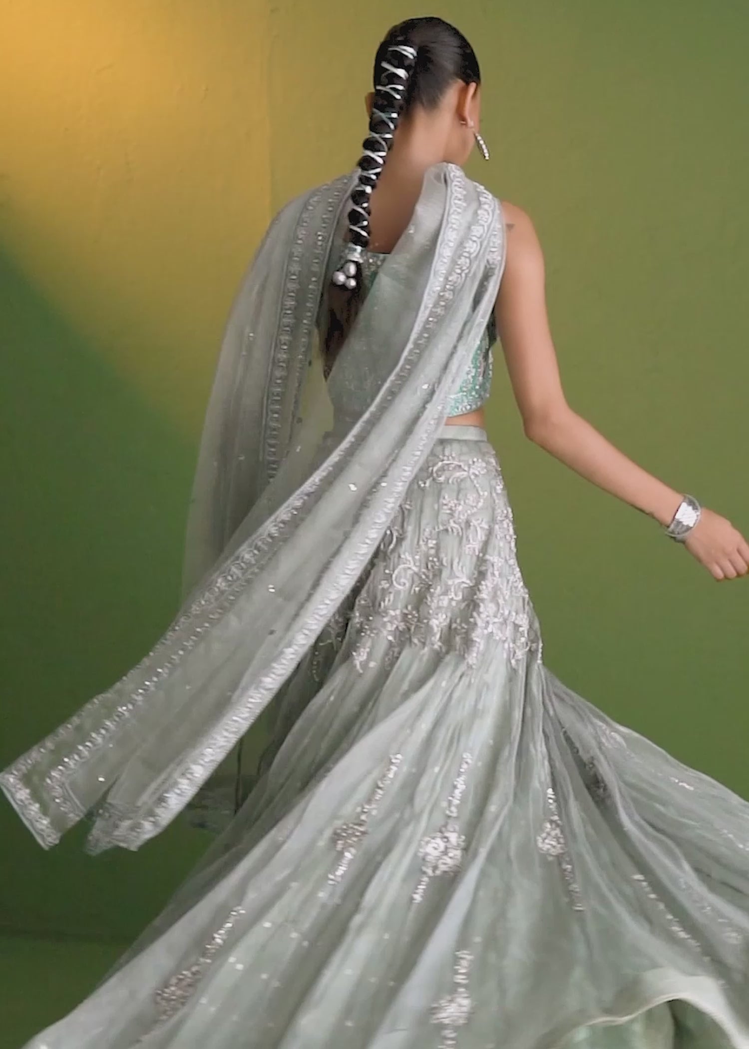 Teal Embroidered Raw Silk Lehenga Set (3-Piece) - Image 12