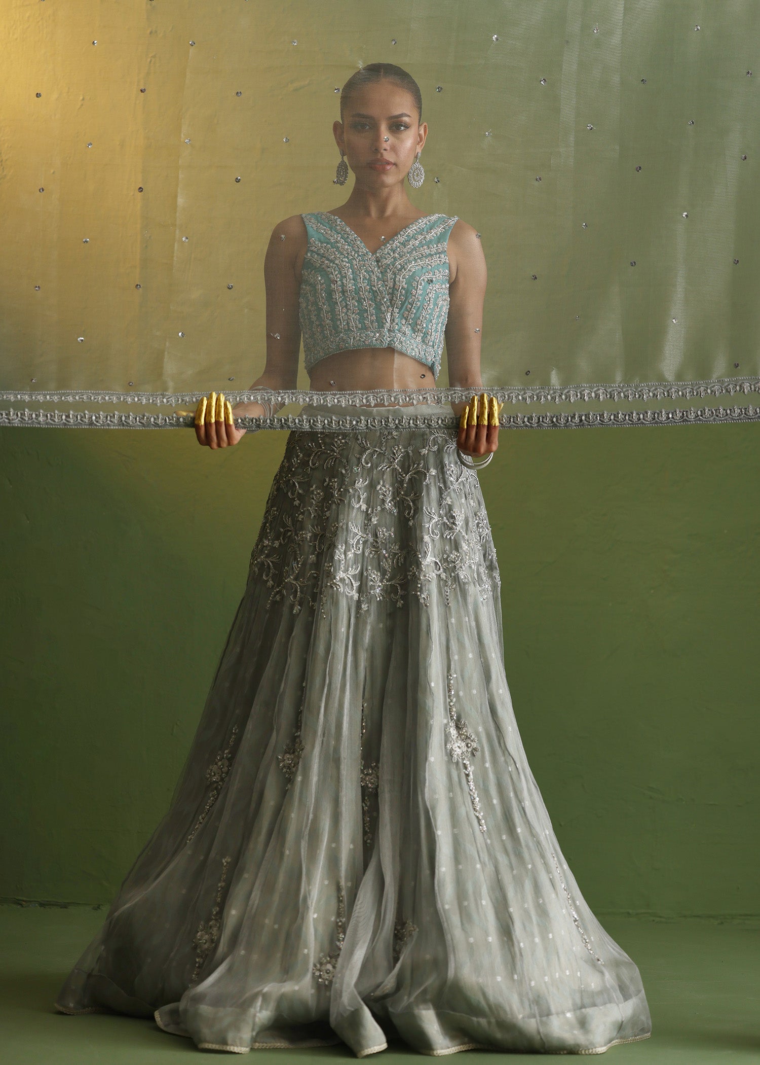 Teal Embroidered Raw Silk Lehenga Set (3-Piece) - Image 2