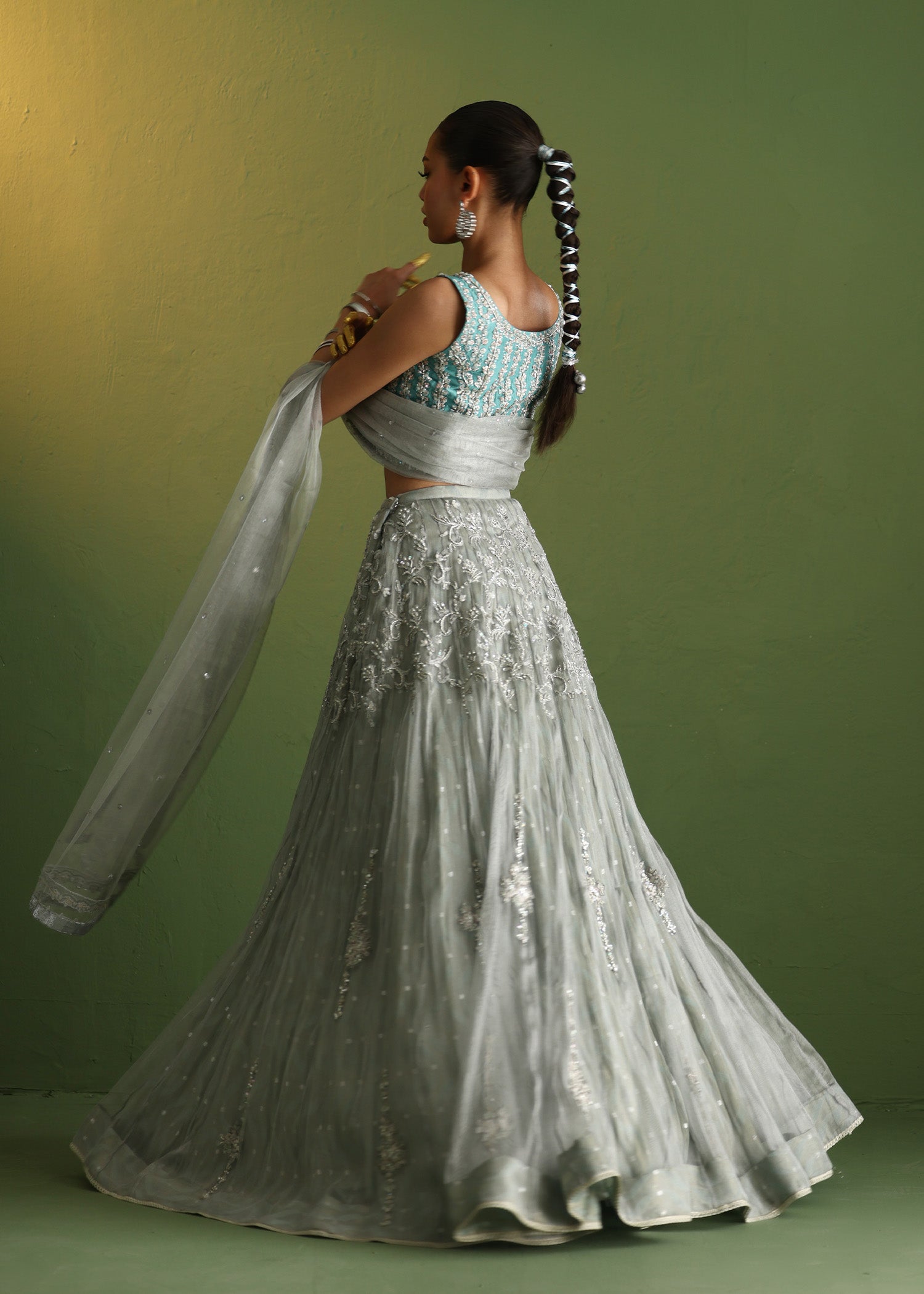 Teal Embroidered Raw Silk Lehenga Set (3-Piece) - Image 5