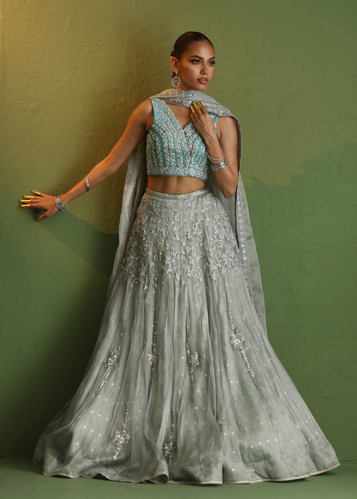Teal Embroidered Raw Silk Lehenga Set (3-Piece) - Image 1