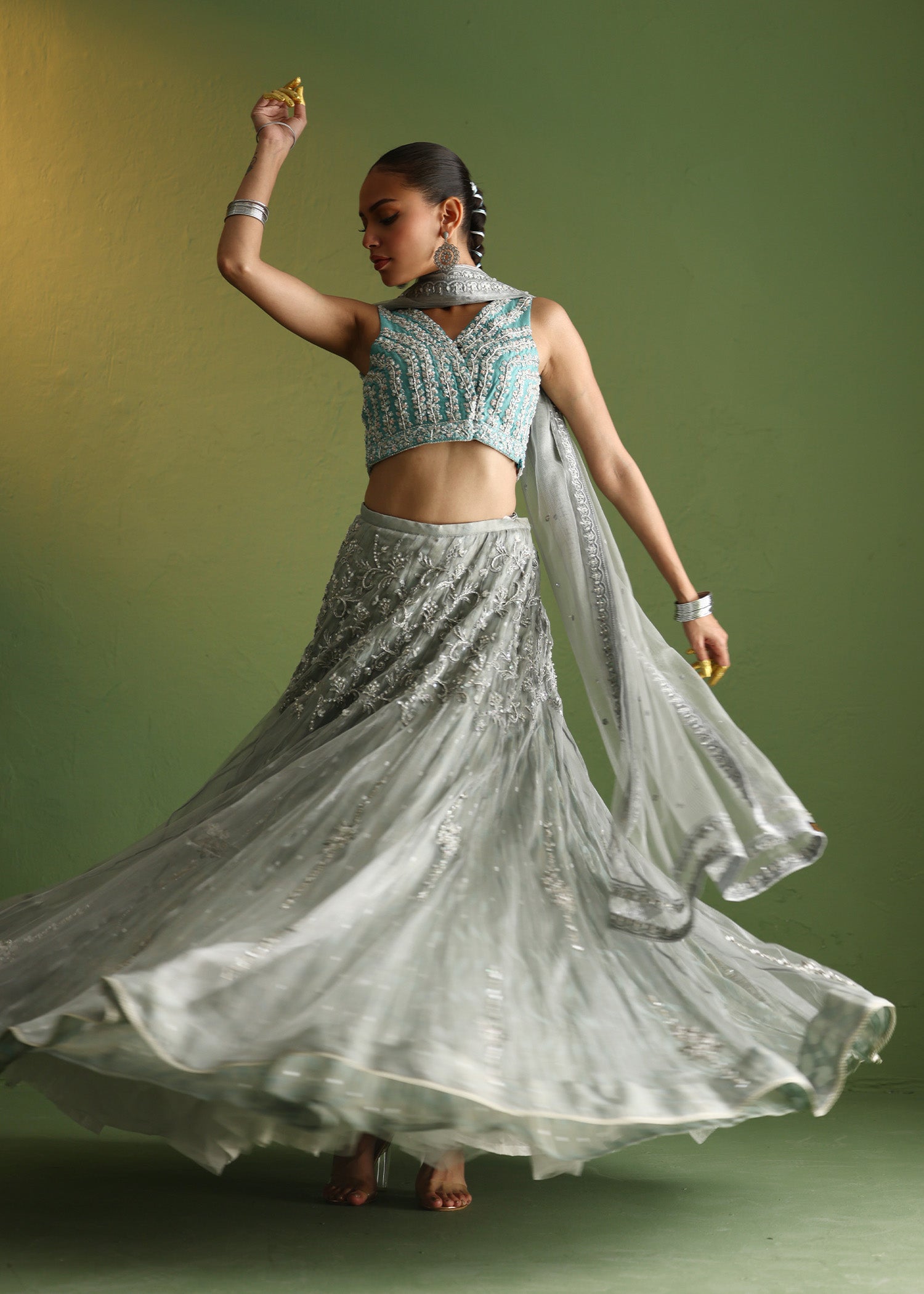 Teal Embroidered Raw Silk Lehenga Set (3-Piece) - Image 10