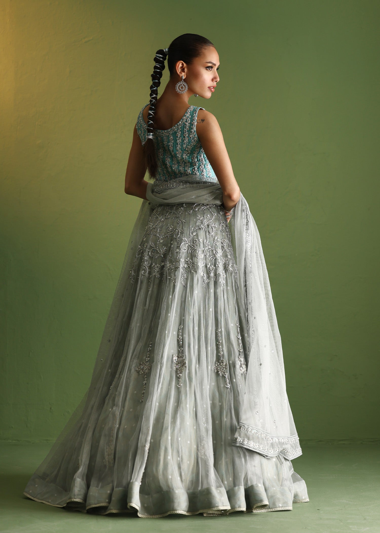 Teal Embroidered Raw Silk Lehenga Set (3-Piece) - Image 3