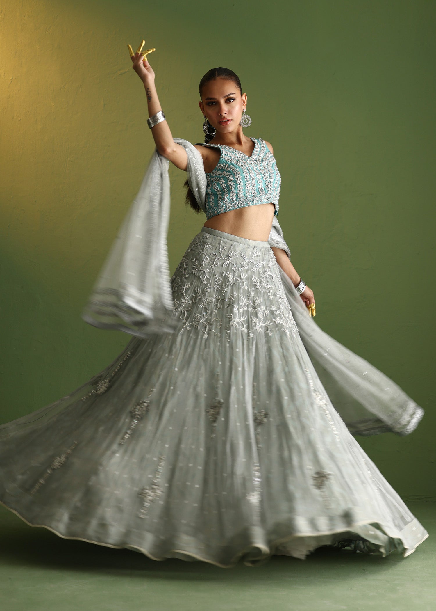 Teal Embroidered Raw Silk Lehenga Set (3-Piece) - Image 4