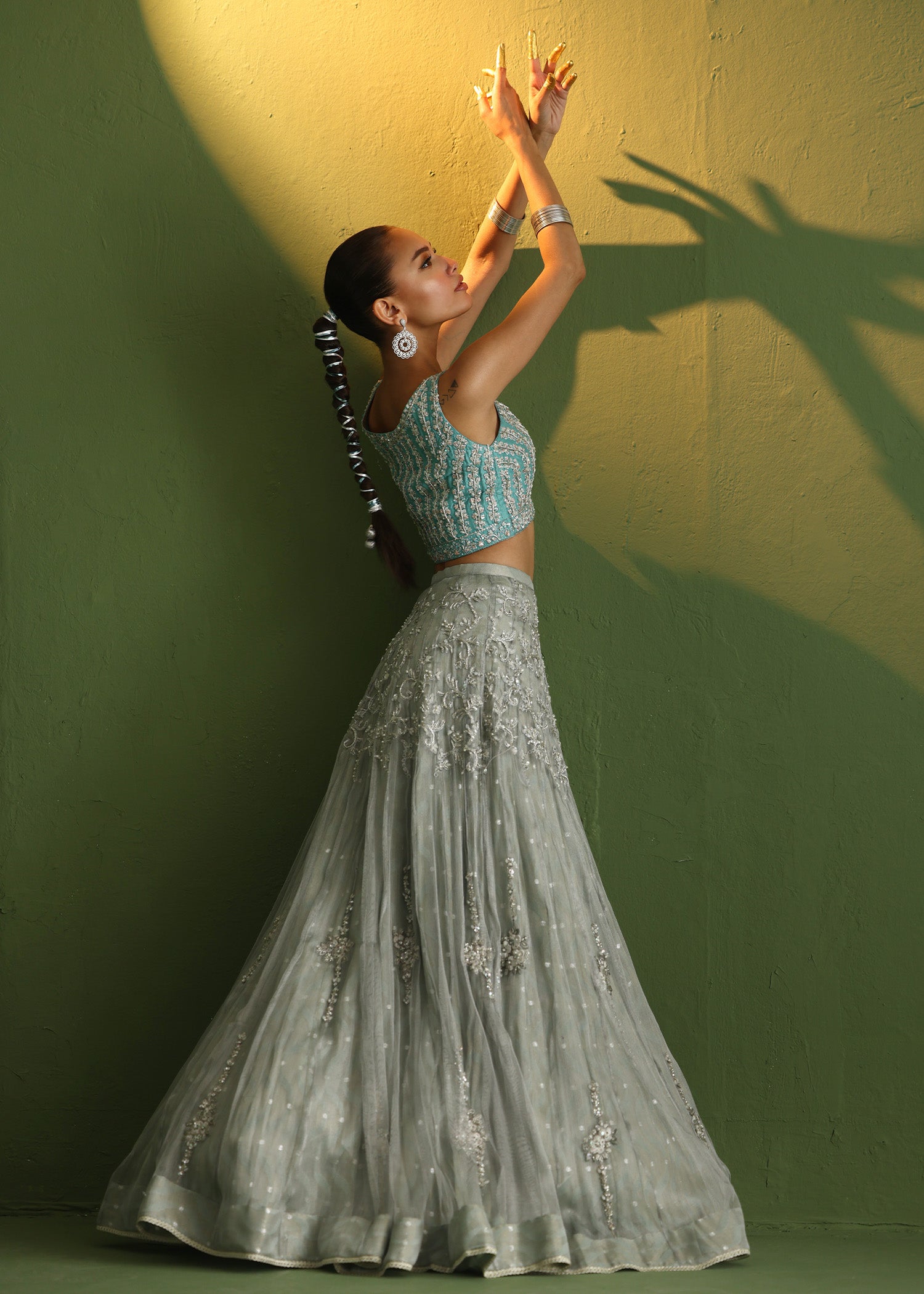 Teal Embroidered Raw Silk Lehenga Set (3-Piece) - Image 6