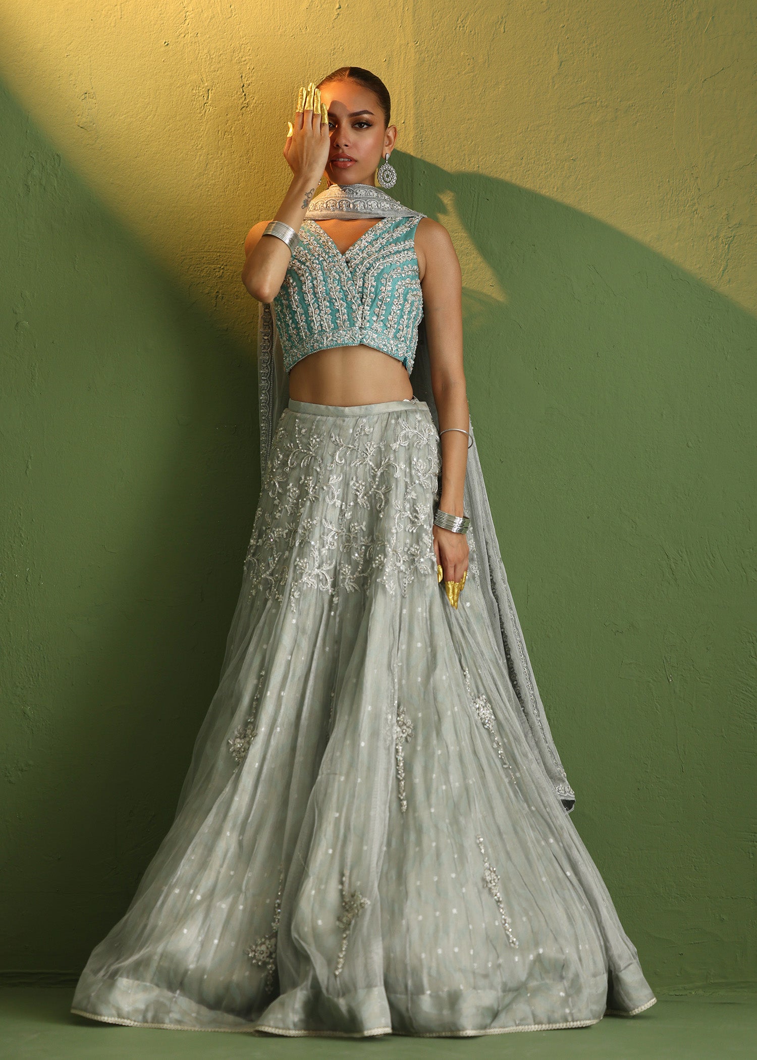 Teal Embroidered Raw Silk Lehenga Set (3-Piece) - Image 7