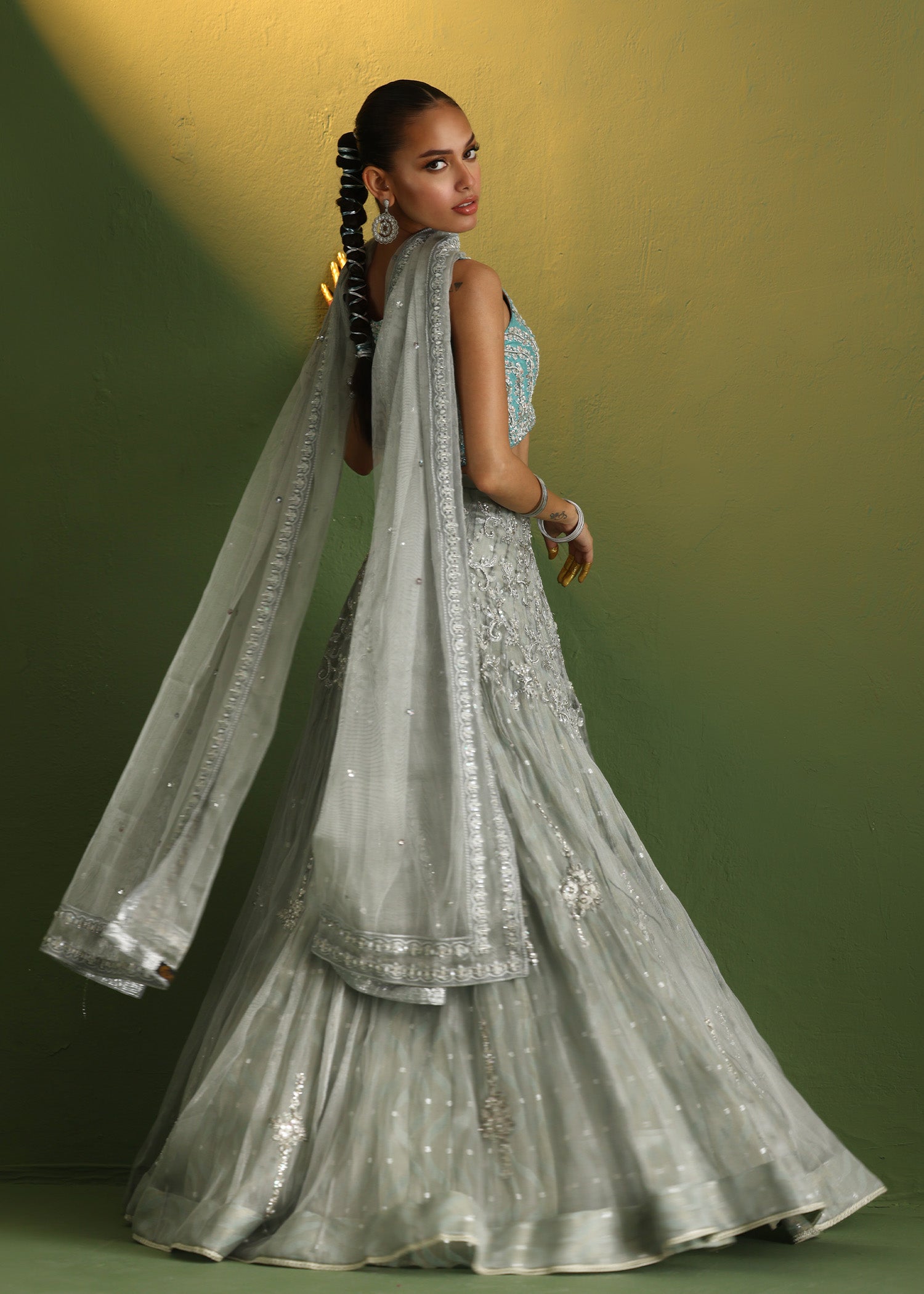 Teal Embroidered Raw Silk Lehenga Set (3-Piece) - Image 8