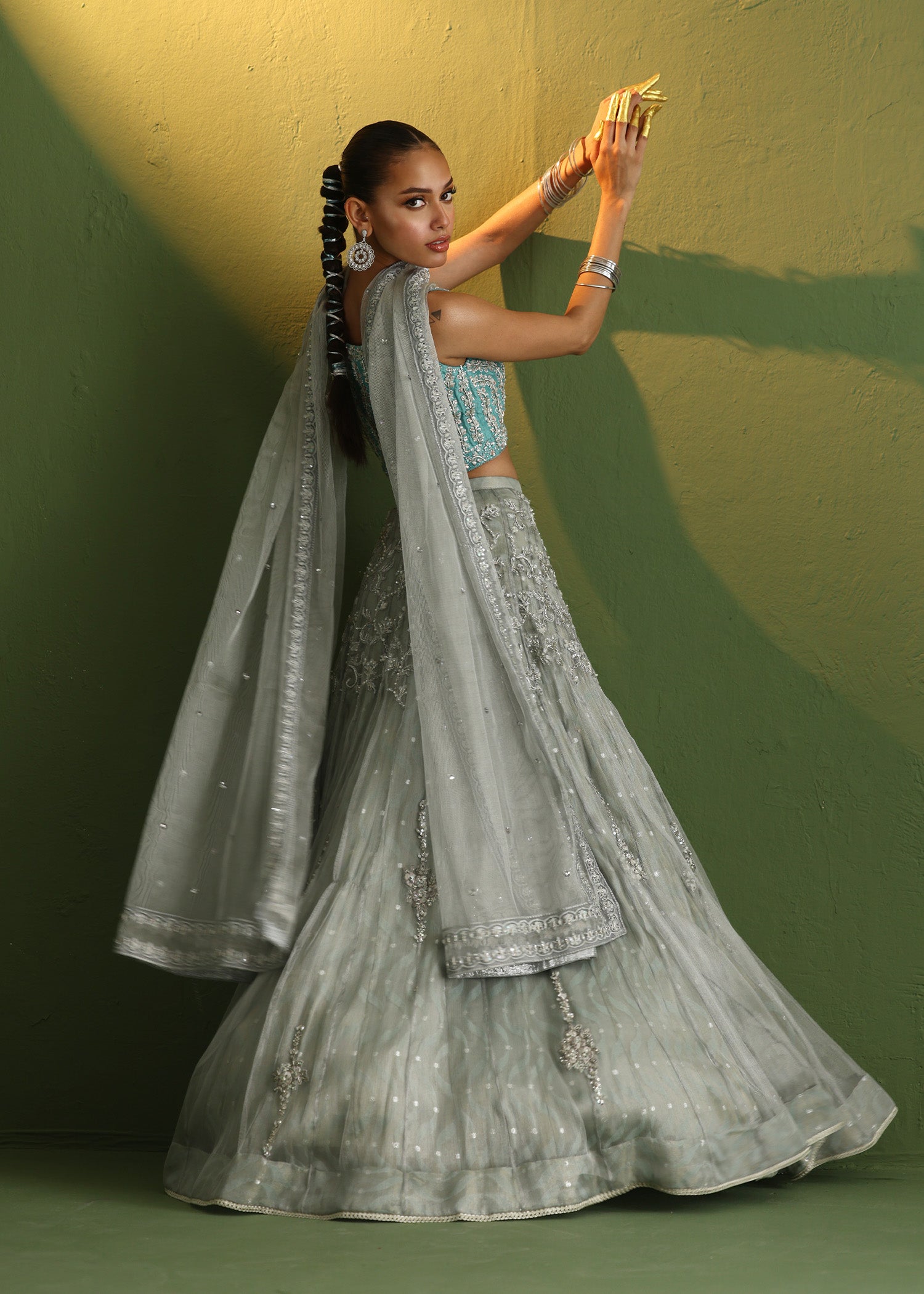 Teal Embroidered Raw Silk Lehenga Set (3-Piece) - Image 9