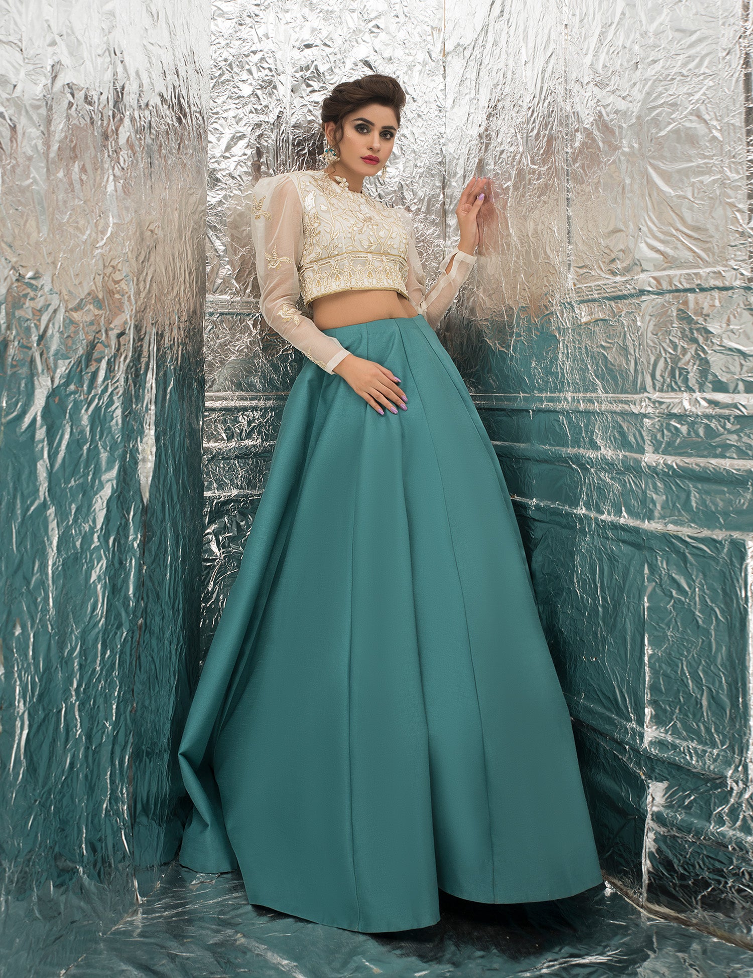 Pakistani Teal & Pearl White Embroidered Raw Silk Lehenga (3-Piece) - Image 1