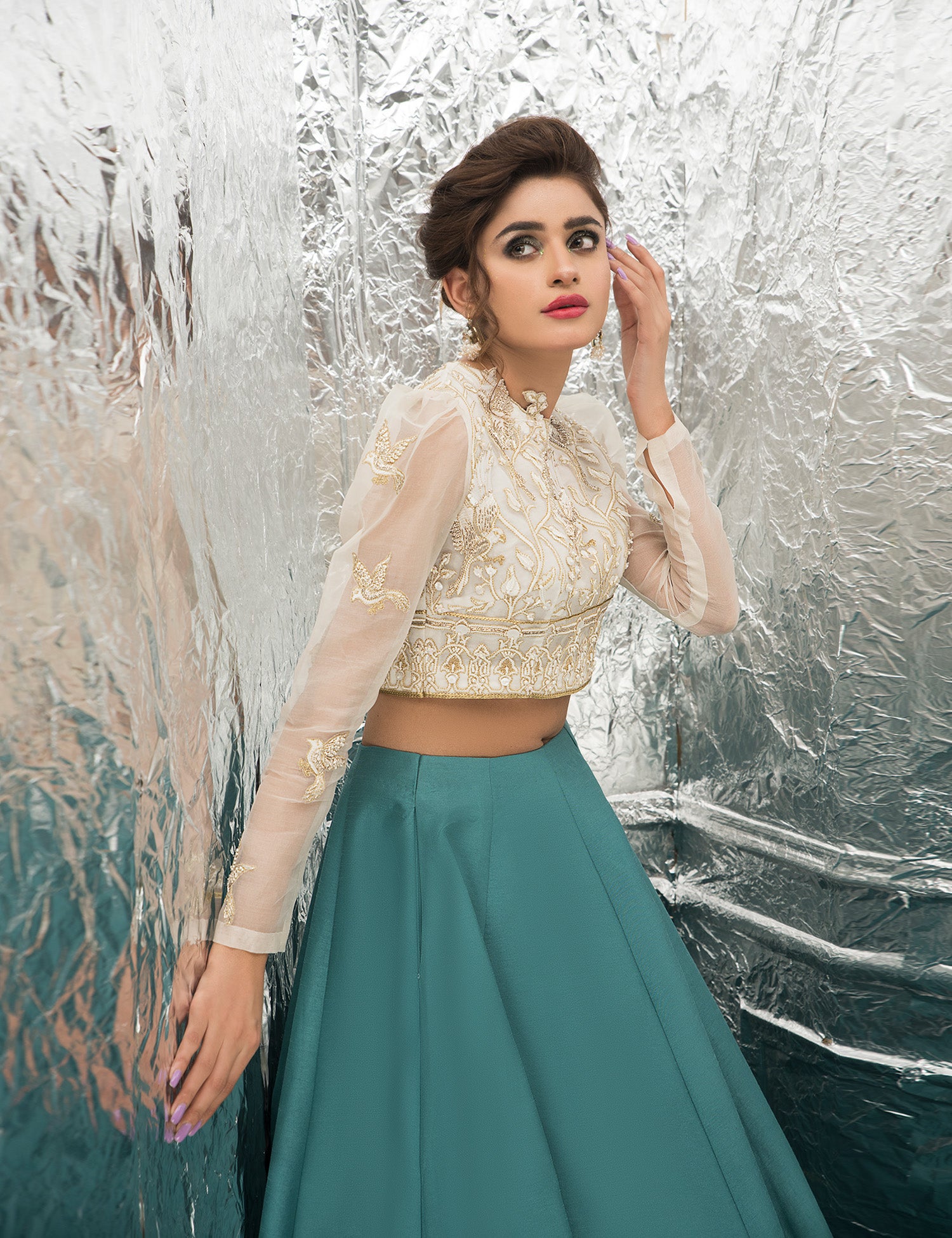 Pakistani Teal & Pearl White Embroidered Raw Silk Lehenga (3-Piece) - Image 2