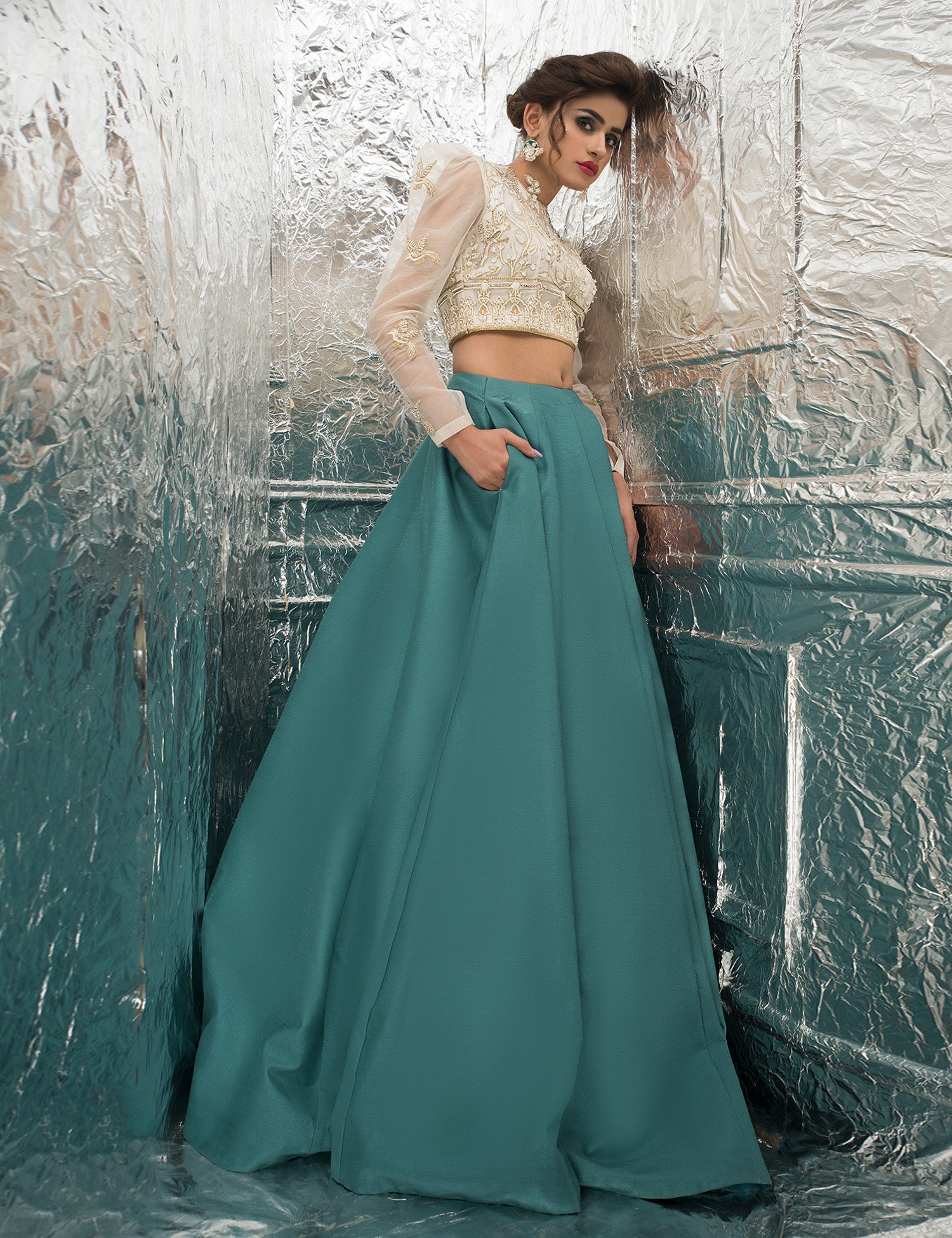 Pakistani Teal & Pearl White Embroidered Raw Silk Lehenga (3-Piece) - Image 3