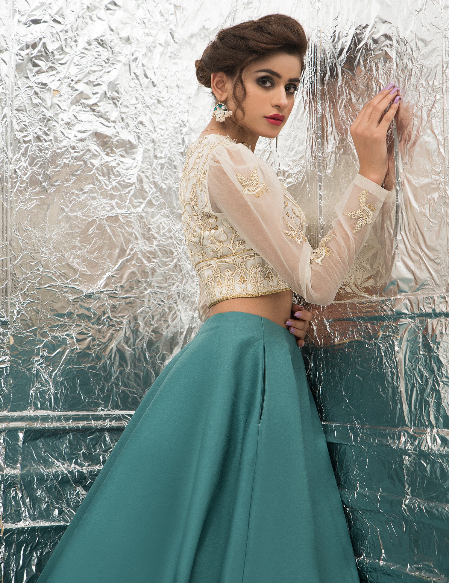 Pakistani Teal & Pearl White Embroidered Raw Silk Lehenga (3-Piece) - Image 4
