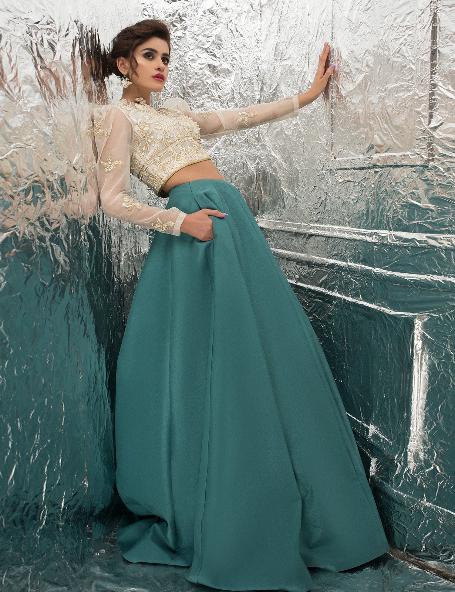 Pakistani Teal & Pearl White Embroidered Raw Silk Lehenga (3-Piece) - Image 5