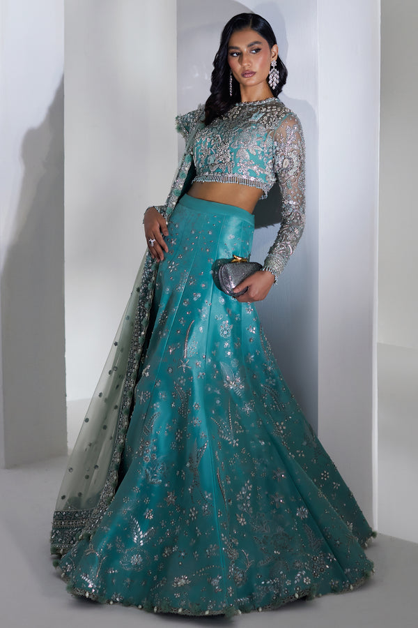 Turquoise Swarovski Embellished Net & Raw Silk Lehenga (3-Piece) - Image 2