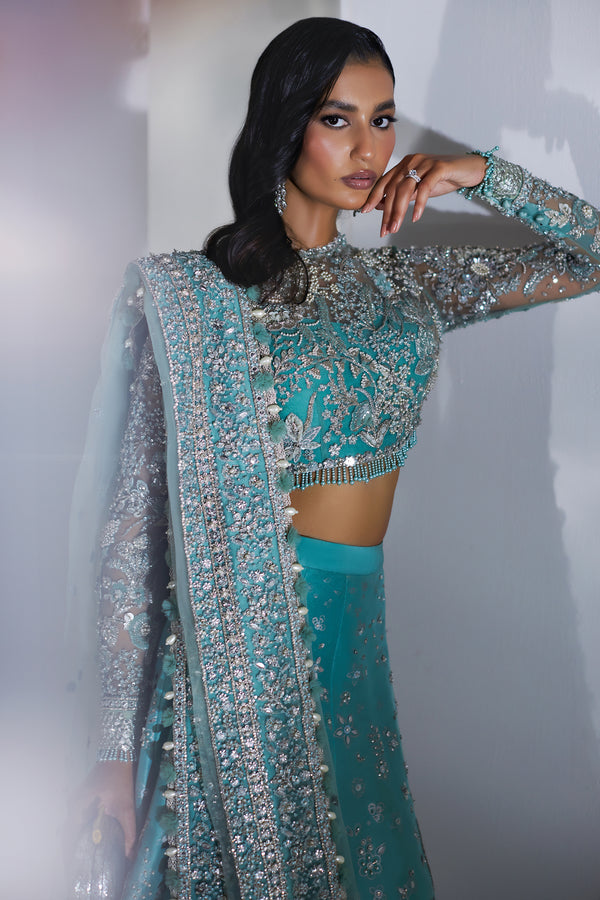 Turquoise Swarovski Embellished Net & Raw Silk Lehenga (3-Piece) - Image 3
