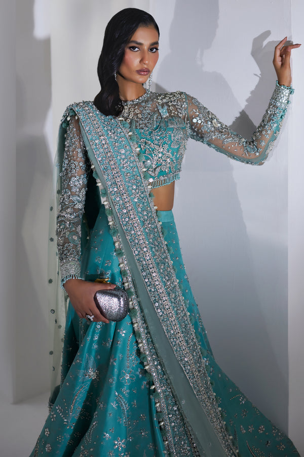 Turquoise Swarovski Embellished Net & Raw Silk Lehenga (3-Piece) - Image 4