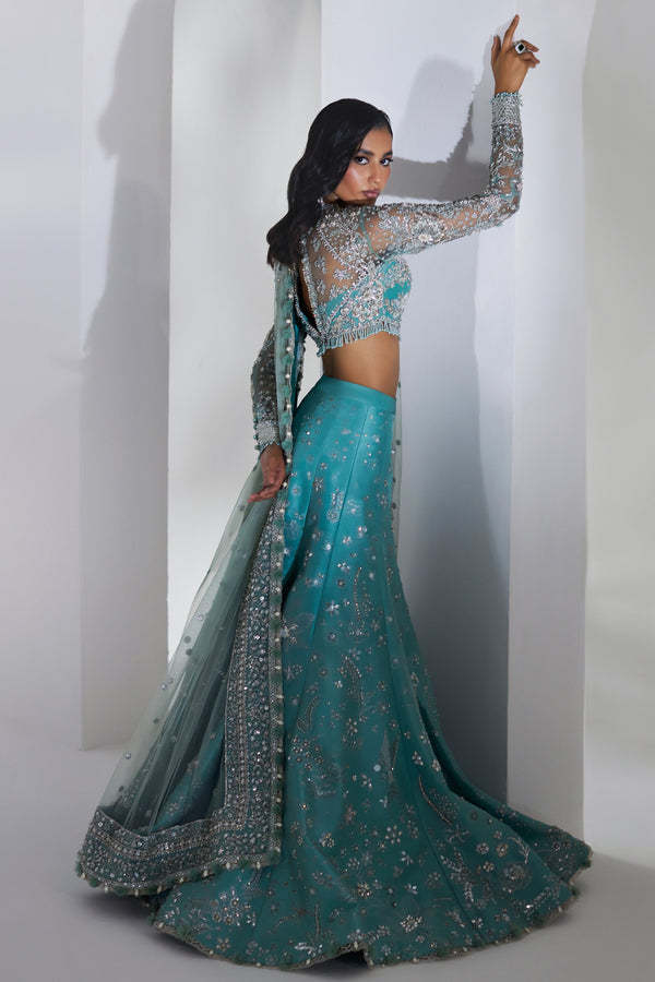 Turquoise Swarovski Embellished Net & Raw Silk Lehenga (3-Piece) - Image 5