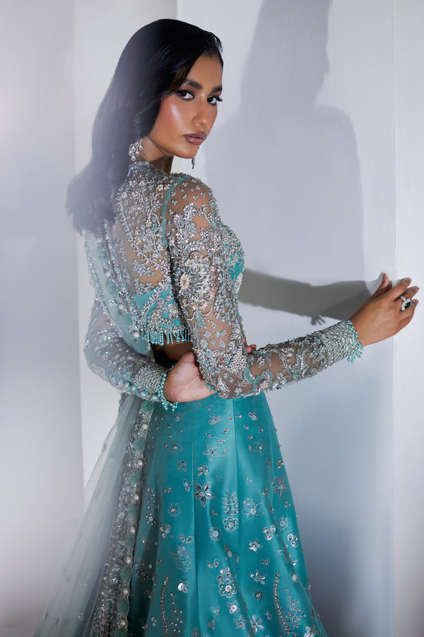 Turquoise Swarovski Embellished Net & Raw Silk Lehenga (3-Piece) - Image 7