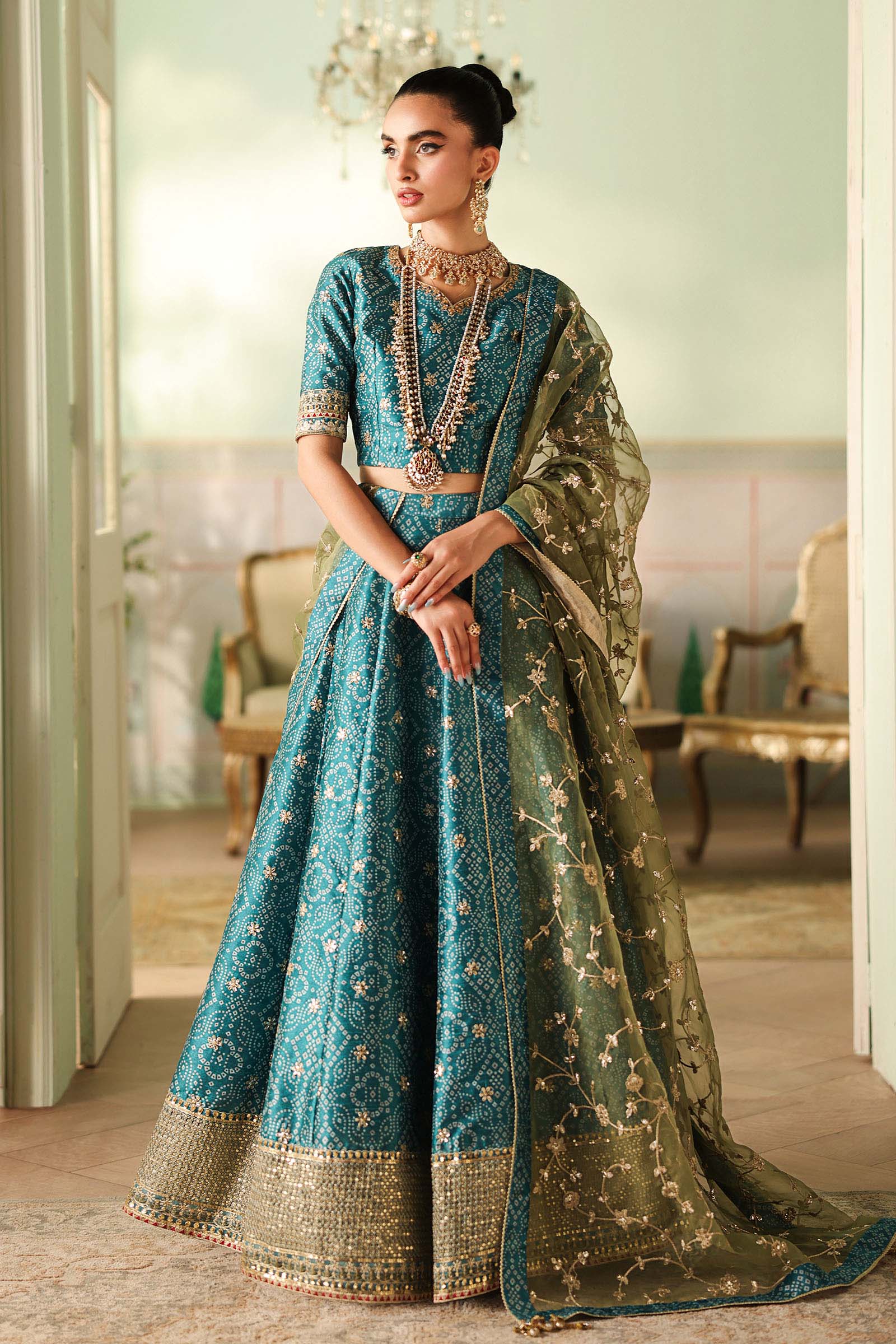 Pakistani Teal Embroidered Raw Silk Lehenga Set (3-Piece) - Image 1
