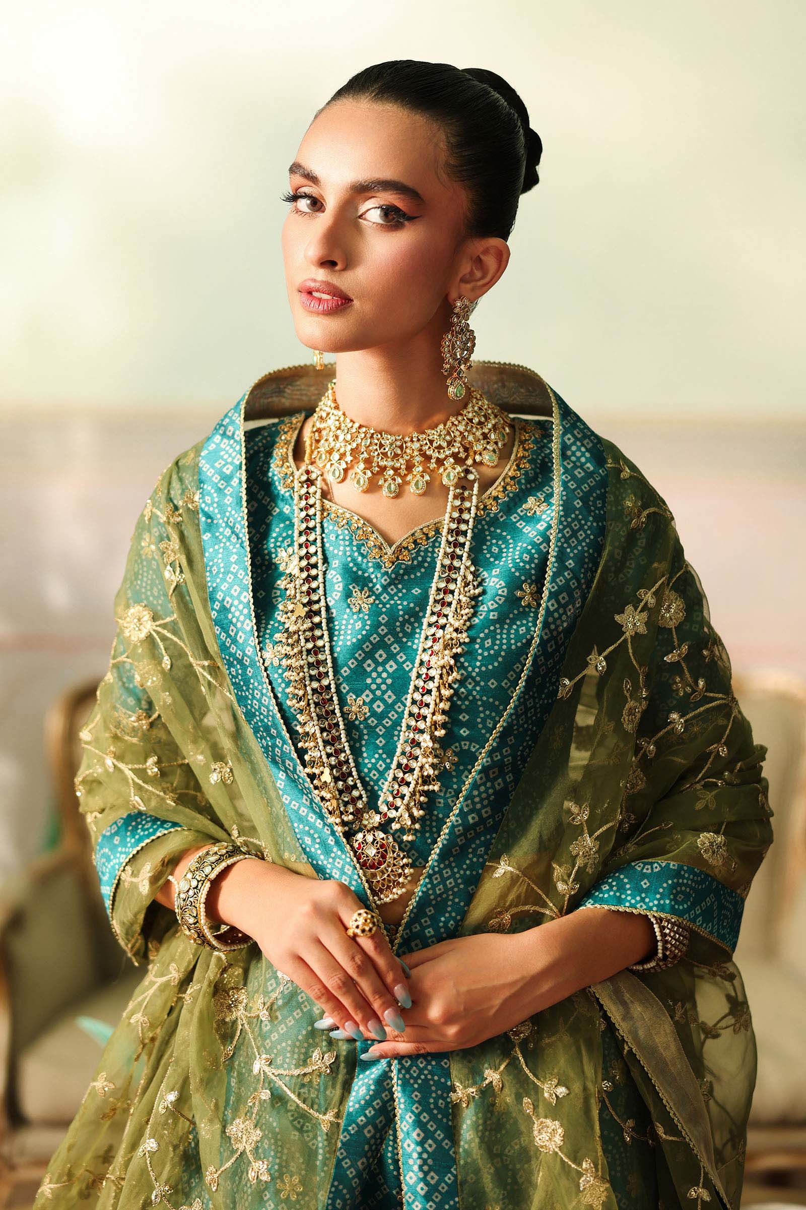 Pakistani Teal Embroidered Raw Silk Lehenga Set (3-Piece) - Image 3