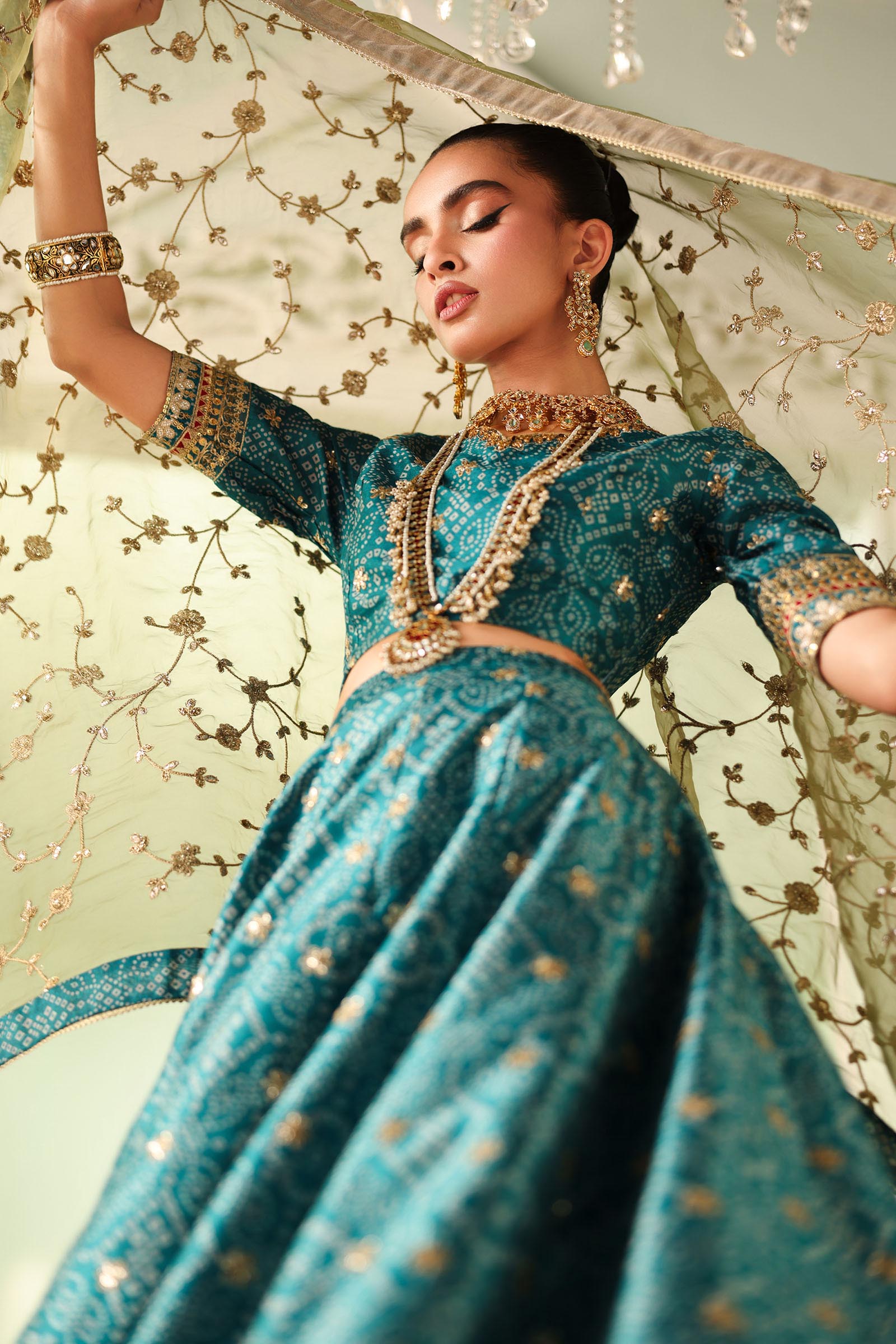 Pakistani Teal Embroidered Raw Silk Lehenga Set (3-Piece) - Image 4