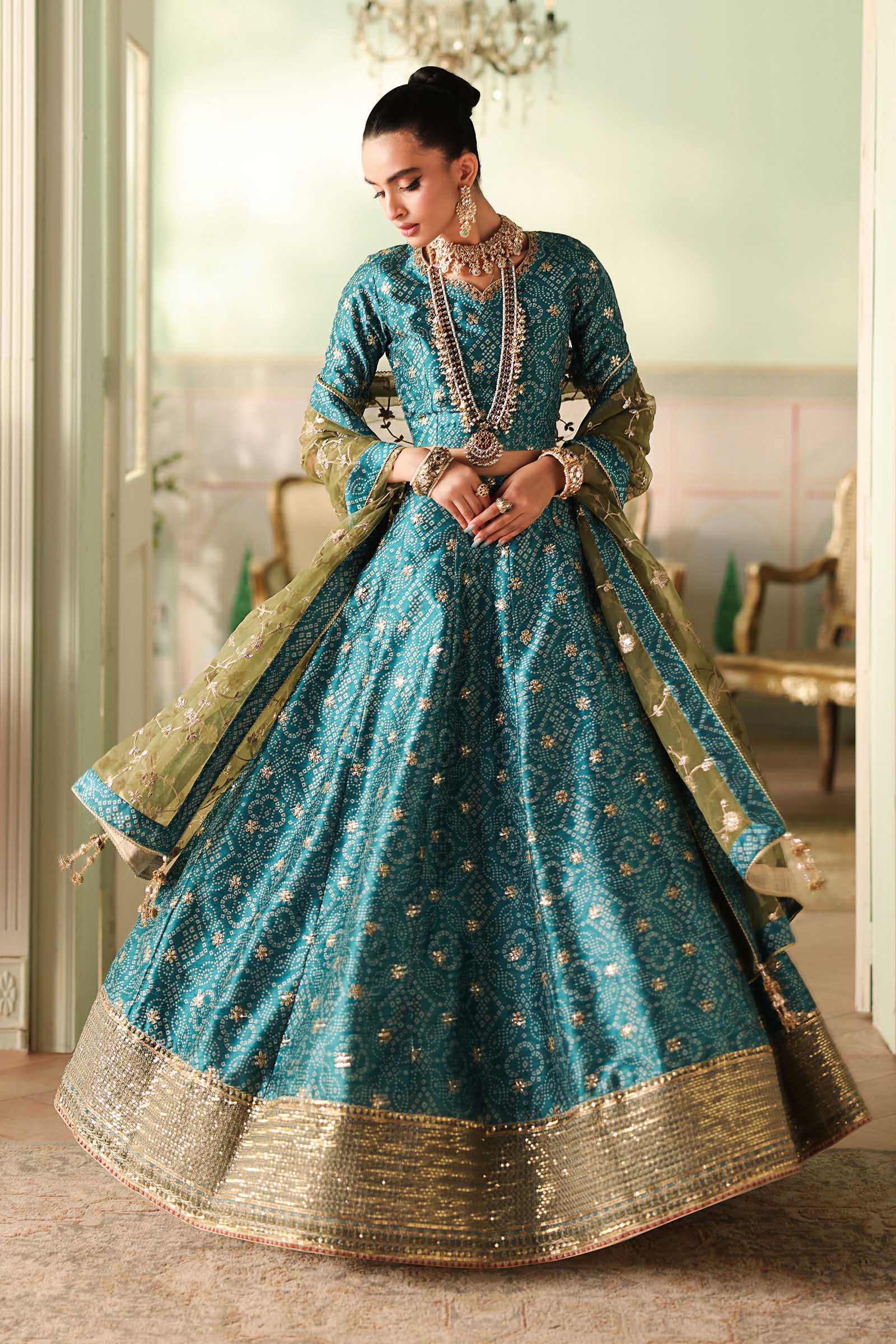Pakistani Teal Embroidered Raw Silk Lehenga Set (3-Piece) - Image 5