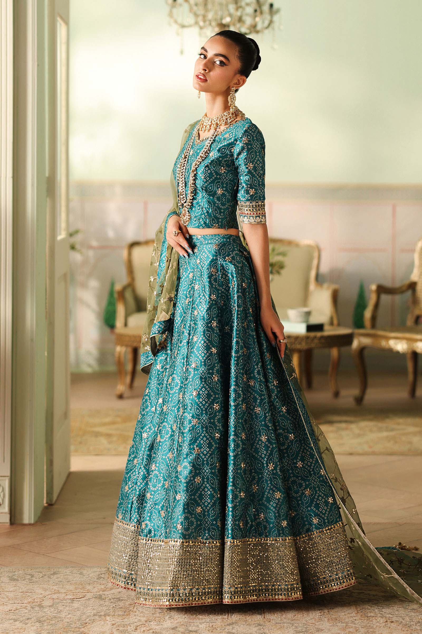 Pakistani Teal Embroidered Raw Silk Lehenga Set (3-Piece) - Image 6