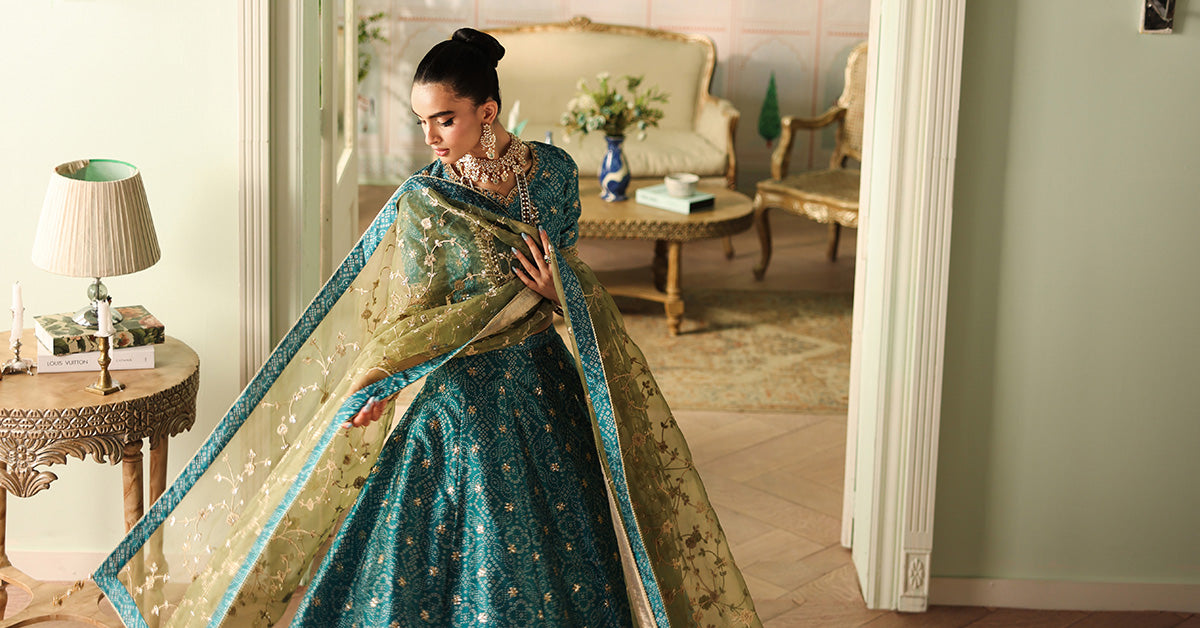 Pakistani Teal Embroidered Raw Silk Lehenga Set (3-Piece) - Image 8